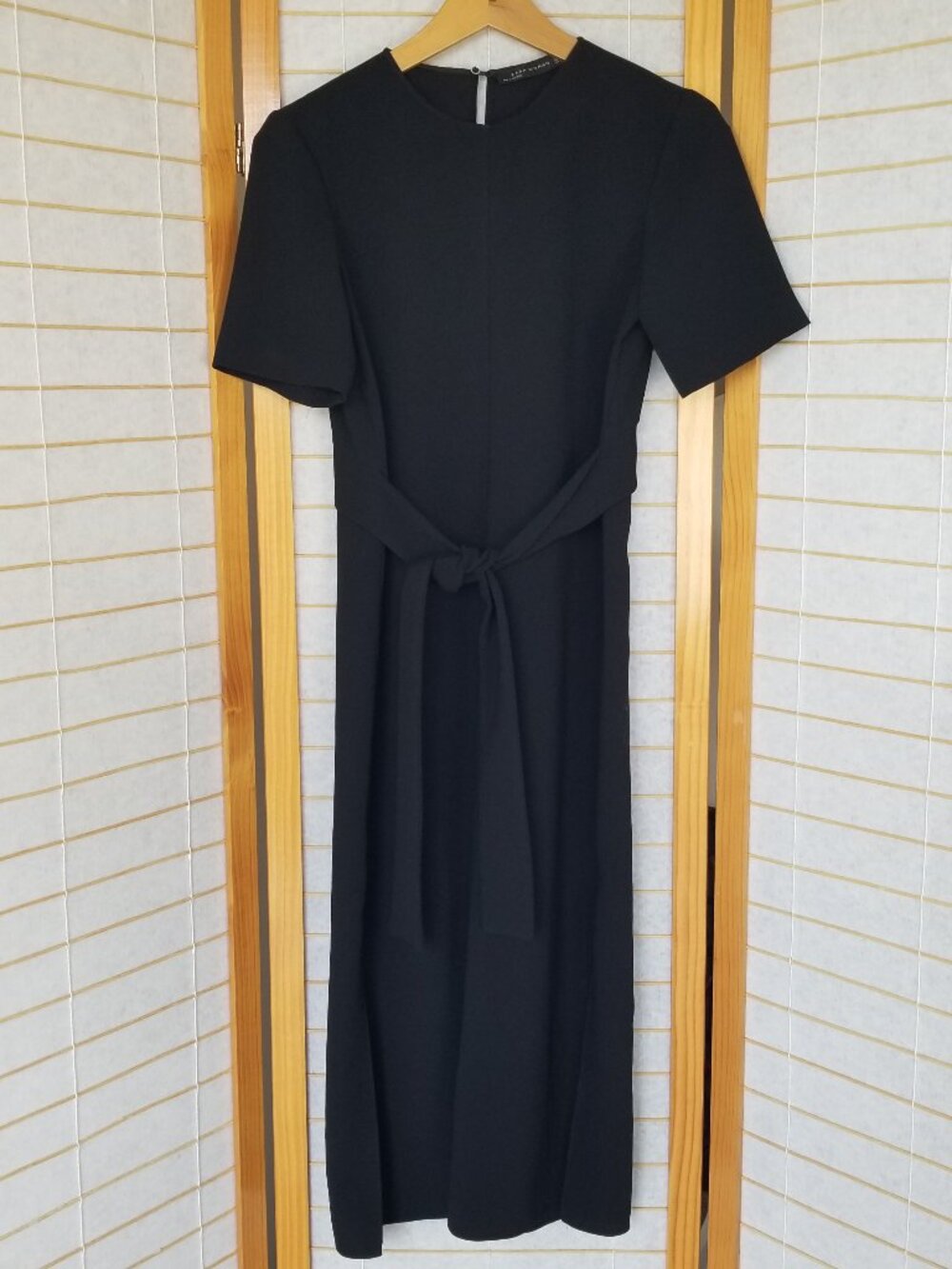 Zara Black Midi Dress Waist Tie Short Sleeve Size Small
